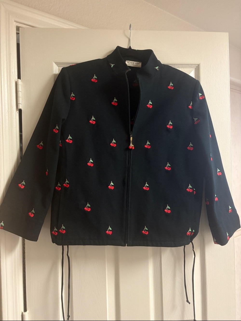 Cherry vintage Embroidered Zip-Up Jacket - Black with Red Cherries